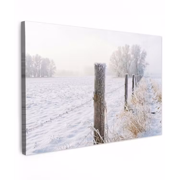 Canvas schilderij - Hek - Sneeuw - Mist - Platteland - Nostalgisch — 1