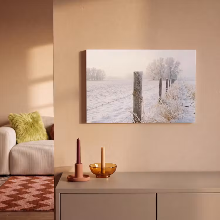 Canvas schilderij - Hek - Sneeuw - Mist - Platteland - Nostalgisch — 2