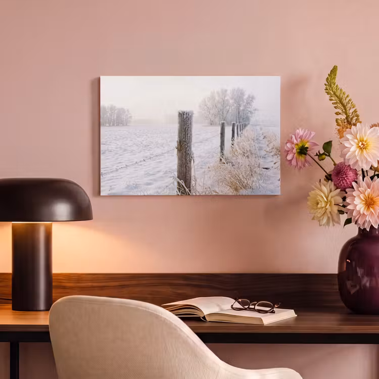 Canvas schilderij - Hek - Sneeuw - Mist - Platteland - Nostalgisch — 4