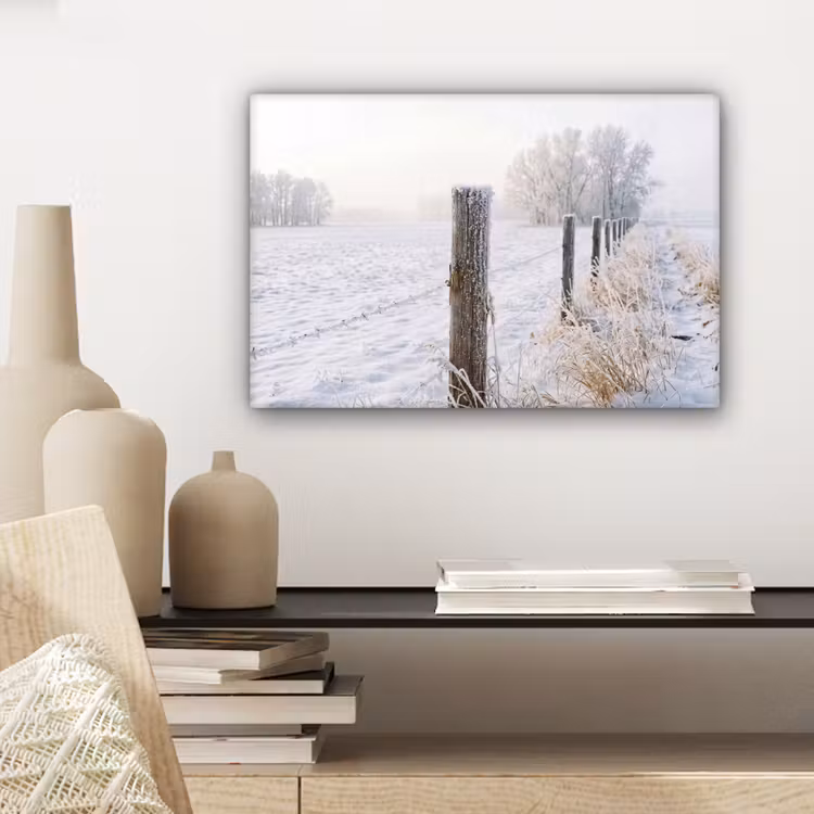 Canvas schilderij - Hek - Sneeuw - Mist - Platteland - Nostalgisch — 5