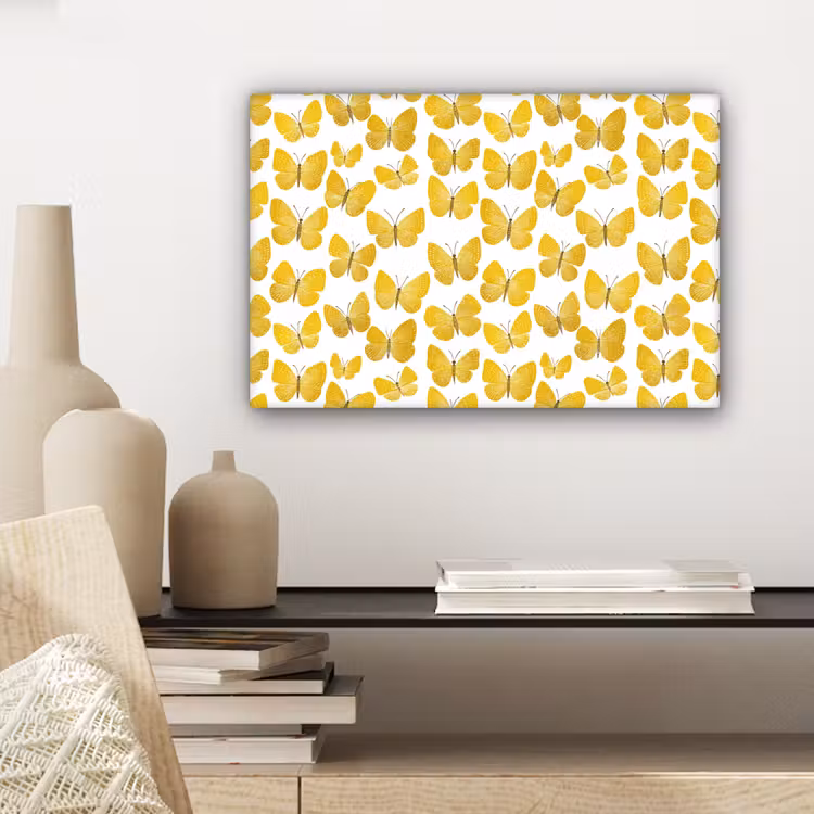 Canvas schilderij - Vlinders - Botanisch - Illustratie - Geel - Wit — 5