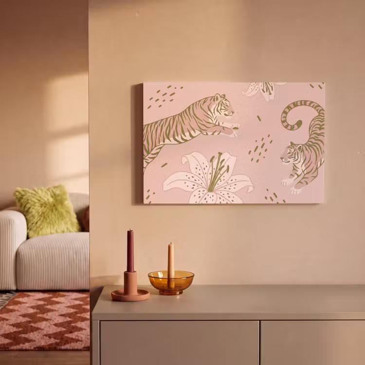 Canvas schilderij - Kat - Springend - Bloemen - Abstract - Roze — 2