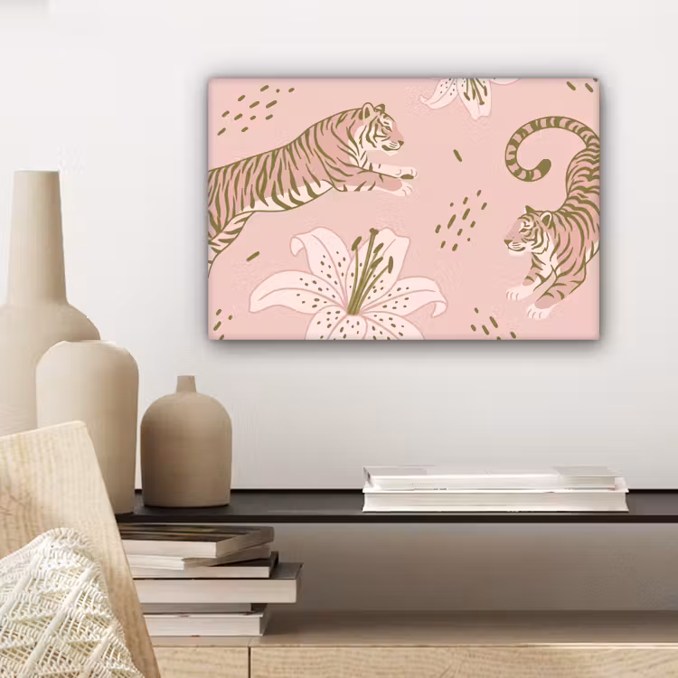Canvas schilderij - Kat - Springend - Bloemen - Abstract - Roze — 5