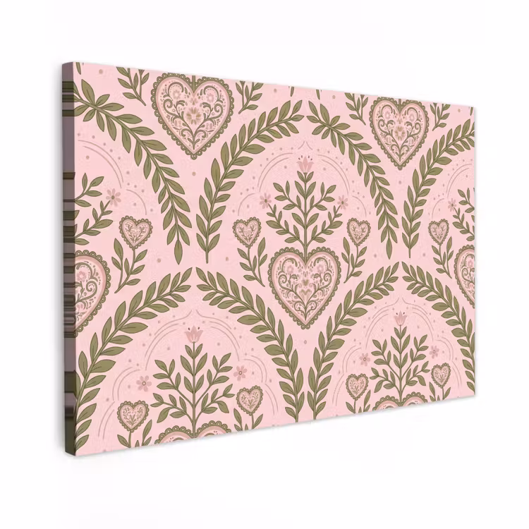 Canvas schilderij - Patroon - Hart - Bloemen - Folkloristisch - Roze — 1