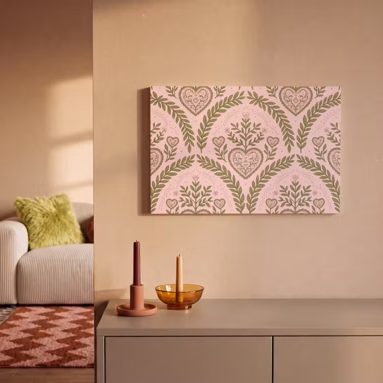 Canvas schilderij - Patroon - Hart - Bloemen - Folkloristisch - Roze — 2