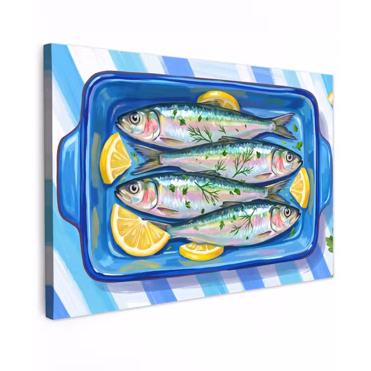 Canvas schilderij - Vis - Citroen - Kruiden - Eten - Blauw — 1