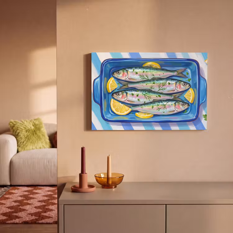 Canvas schilderij - Vis - Citroen - Kruiden - Eten - Blauw — 2
