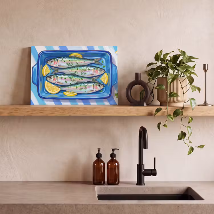 Canvas schilderij - Vis - Citroen - Kruiden - Eten - Blauw — 3