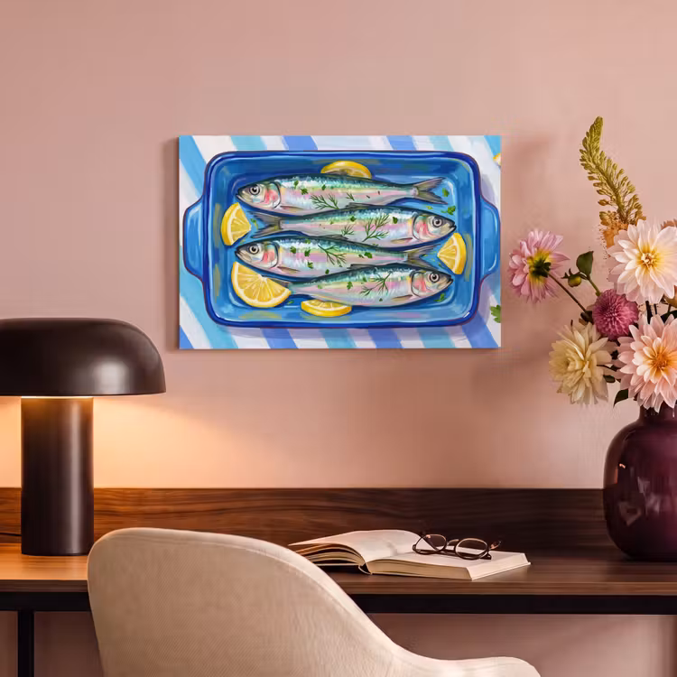 Canvas schilderij - Vis - Citroen - Kruiden - Eten - Blauw — 4