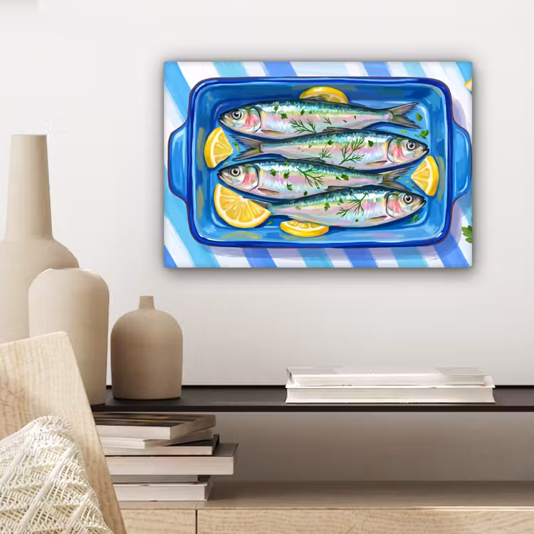 Canvas schilderij - Vis - Citroen - Kruiden - Eten - Blauw — 5