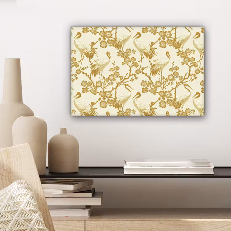 Canvas schilderij - Kraanvogels - Kersenbloesem - Goud — 5