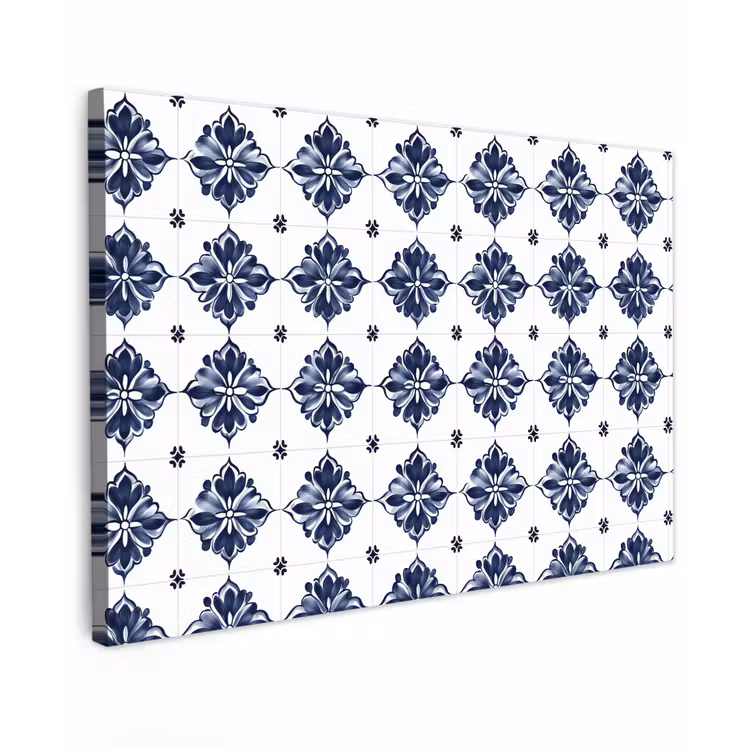 Canvas schilderij - Tegelmotief - Blauw - Wit - Bloem — 1