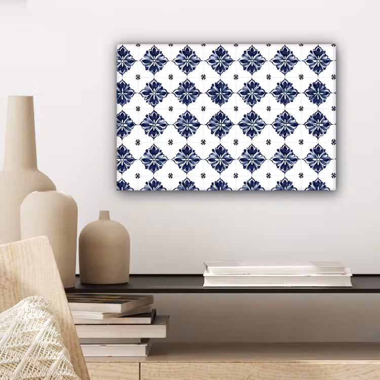 Canvas schilderij - Tegelmotief - Blauw - Wit - Bloem — 5