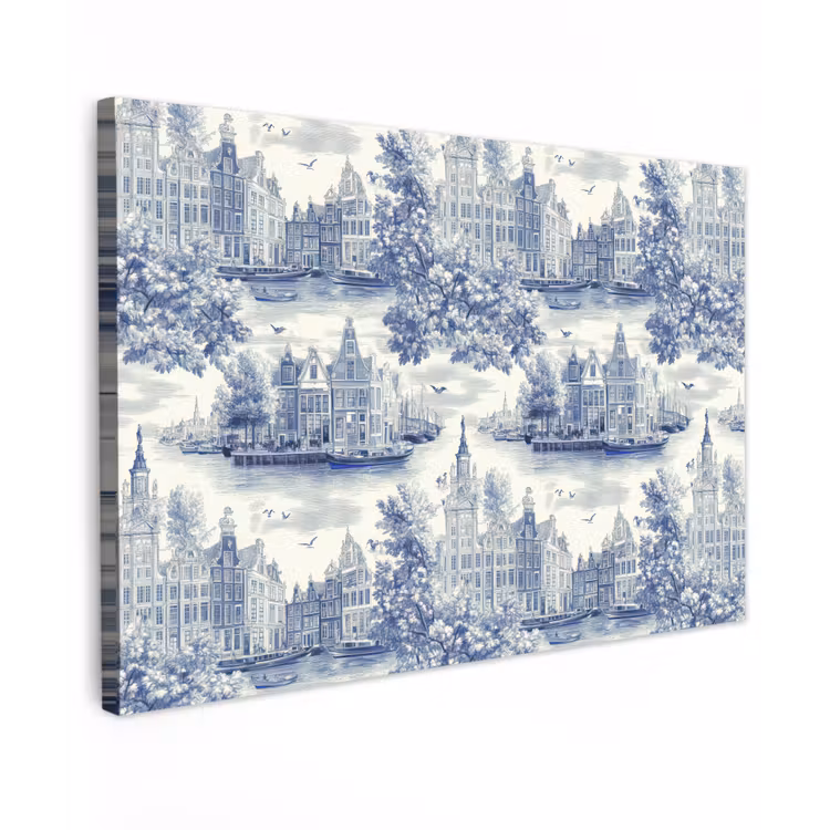 Canvas schilderij - Huizen - Bomen - Water - Vogels - Blauw — 1