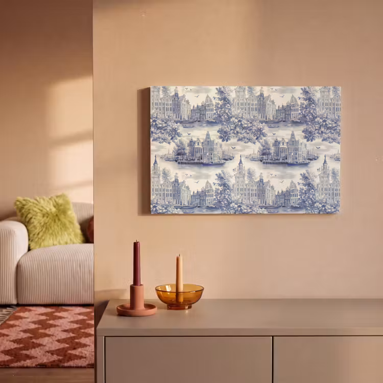 Canvas schilderij - Huizen - Bomen - Water - Vogels - Blauw — 2
