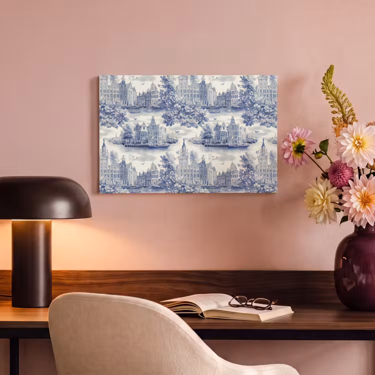 Canvas schilderij - Huizen - Bomen - Water - Vogels - Blauw — 4