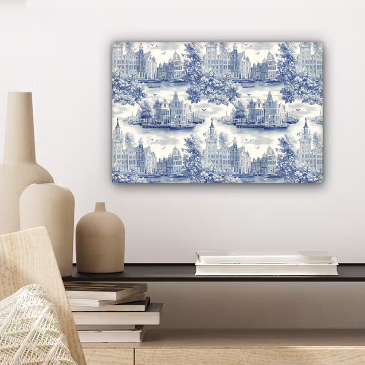 Canvas schilderij - Huizen - Bomen - Water - Vogels - Blauw — 5