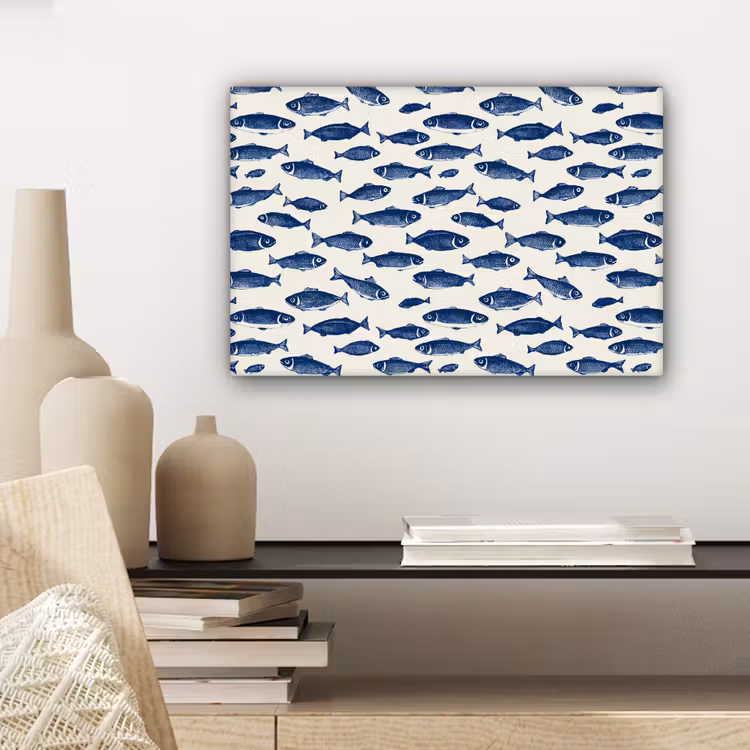 Canvas schilderij - Vissen - Patroon - Blauw - Wit — 5