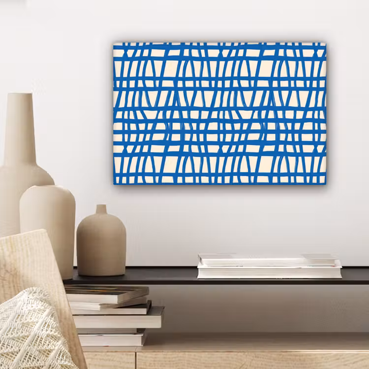 Canvas schilderij - Ruitpatroon - Blauw - Crème — 5