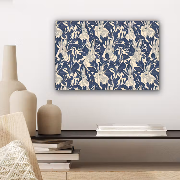 Canvas schilderij - Hazen - Bladeren - Patroon - Blauw - Beige — 5