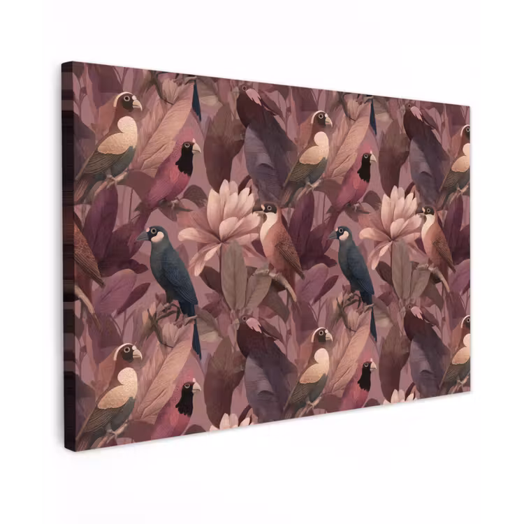 Canvas schilderij - Vogels - Bladeren - Roze — 1