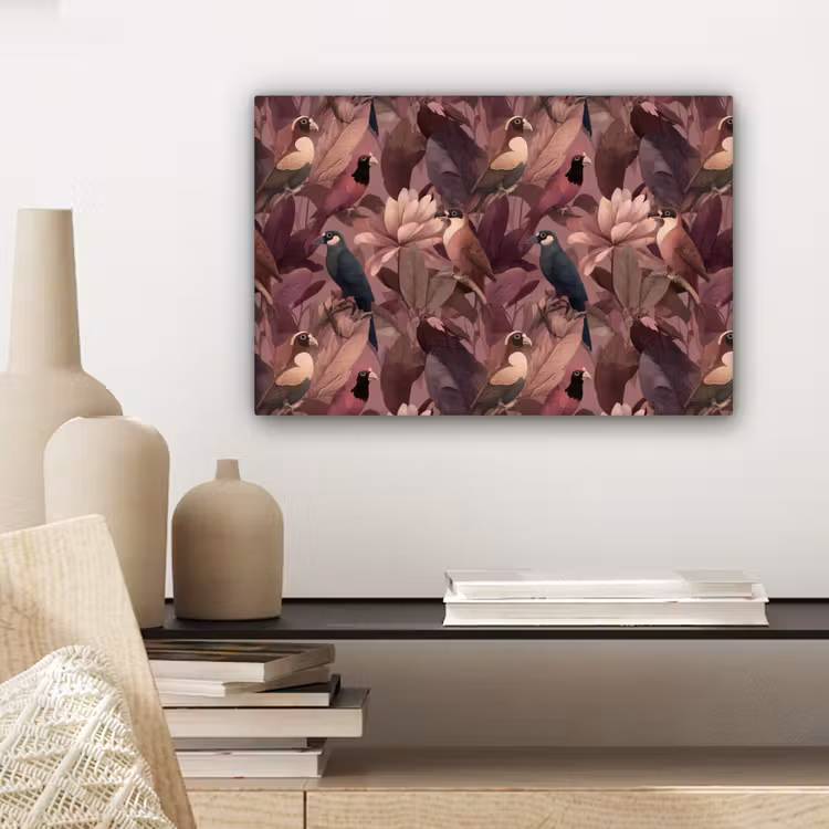Canvas schilderij - Vogels - Bladeren - Roze — 5