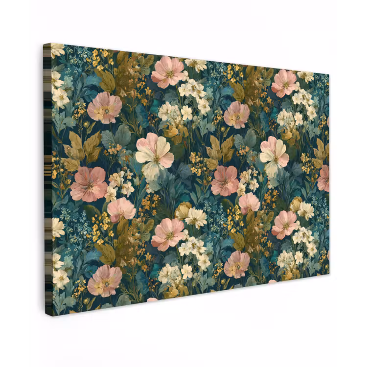 Canvas schilderij - Wilde bloemen - Botanisch - Patroon - Roze - Romantisch — 1