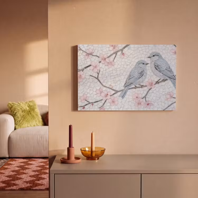 Canvas schilderij - Vogel - Bloemen - Natuur - Mozaïek - Roze — 1