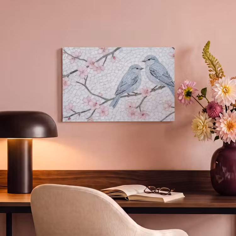 Canvas schilderij - Vogel - Bloemen - Natuur - Mozaïek - Roze — 3