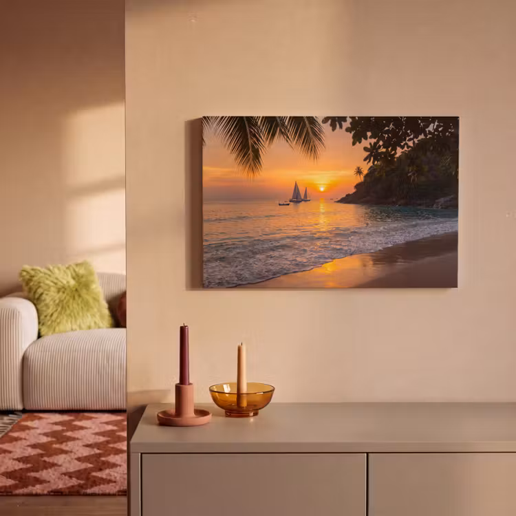 Canvas schilderij - Zee - Zonsondergang - Boot - Natuur - Oranje — 1