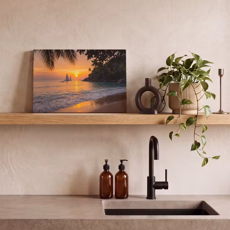 Canvas schilderij - Zee - Zonsondergang - Boot - Natuur - Oranje — 2
