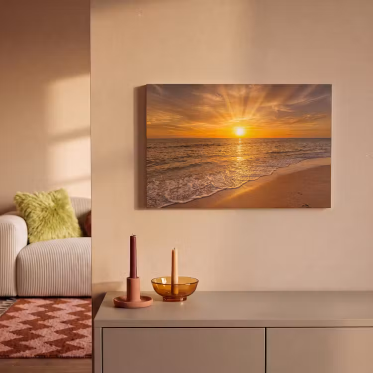 Canvas schilderij - Zee - Zonsondergang - Golven - Kust - Oranje — 1