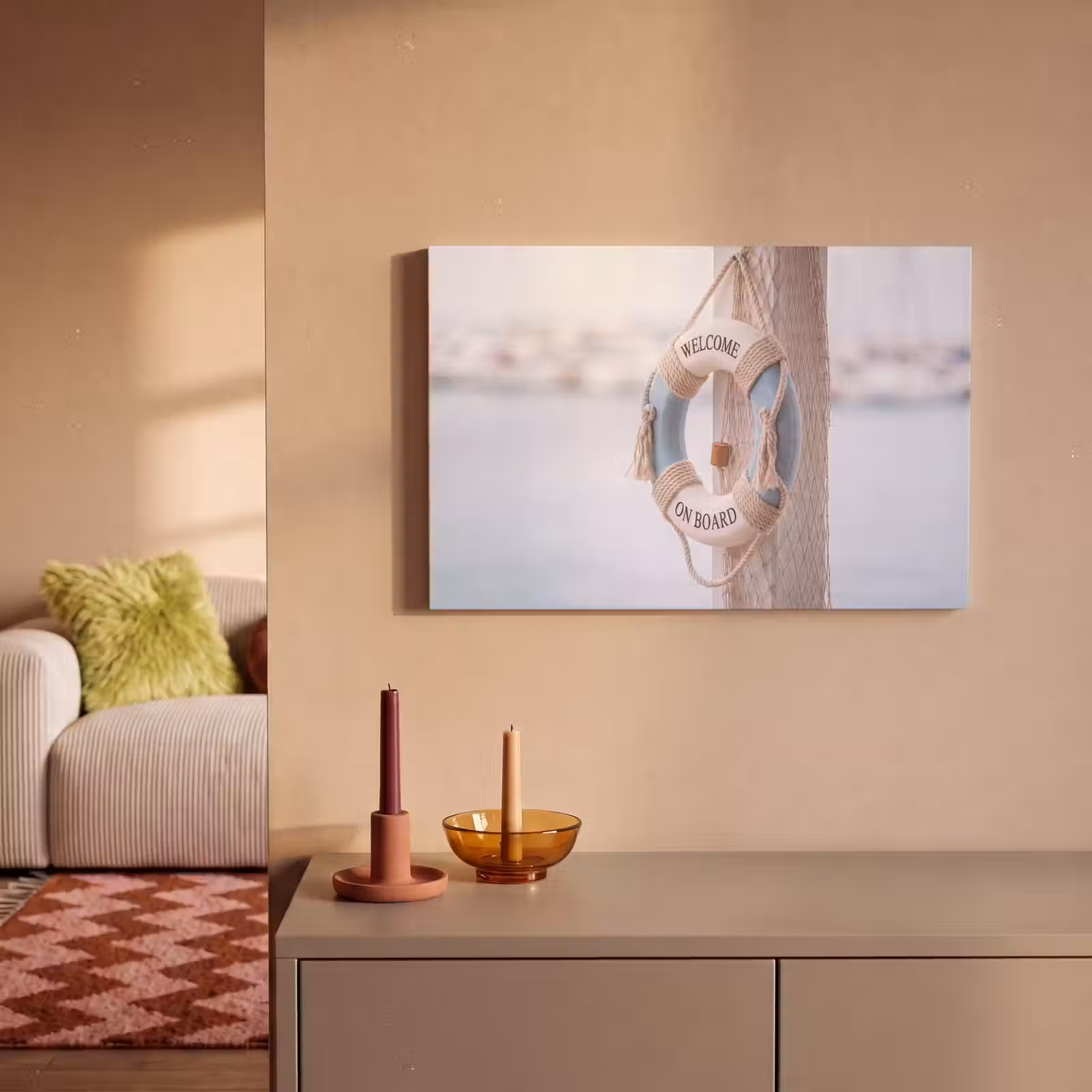 Canvas schilderij - Reddingsboei - Maritiem - Welkom - Blauw - Wit — 1
