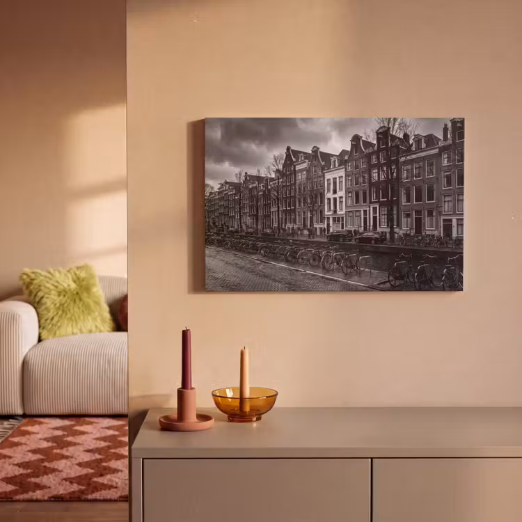 Canvas schilderij - Huis - Gracht - Amsterdam - Architectuur - Zwart-wit — 1