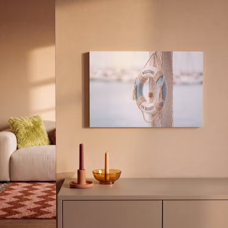 Canvas schilderij - Reddingsboei - Maritiem - Welkom - Blauw - Wit — 1