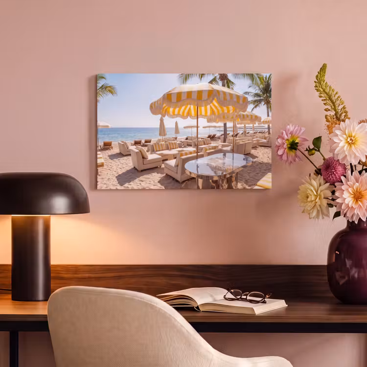 Canvas schilderij - Strand - Ligbedden - Vakantie - Modern - Geel — 3