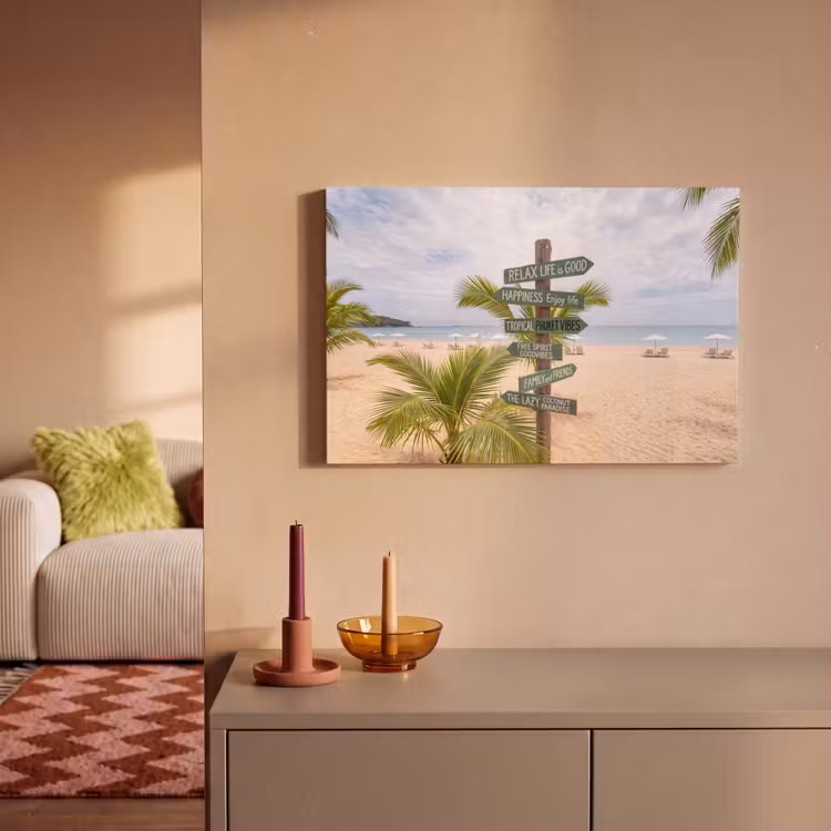 Canvas schilderij - Strand - Wegwijzer - Palmen - Tropisch - Groen — 1
