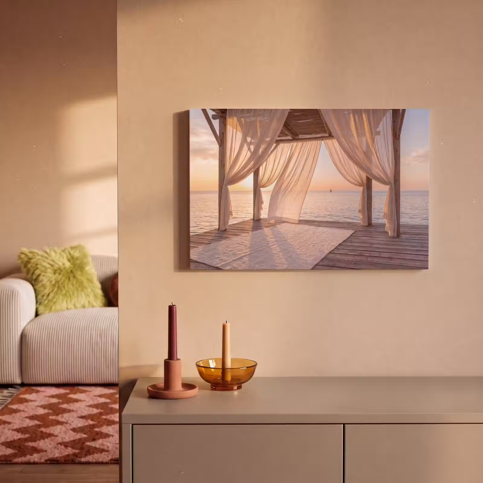 Canvas schilderij - Overkapping - Zee - Zonsondergang - Vakantie - Rust — 1