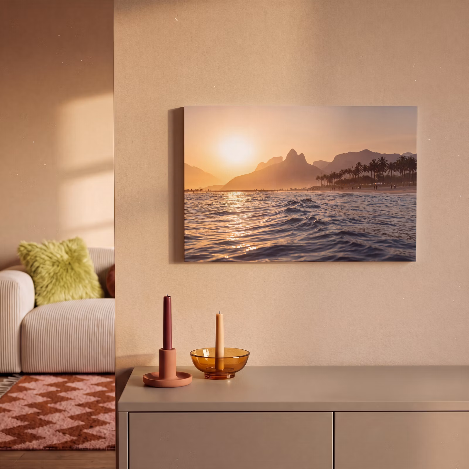 Canvas schilderij - Zee - Golven - Zonsondergang - Kust - Goud — 1