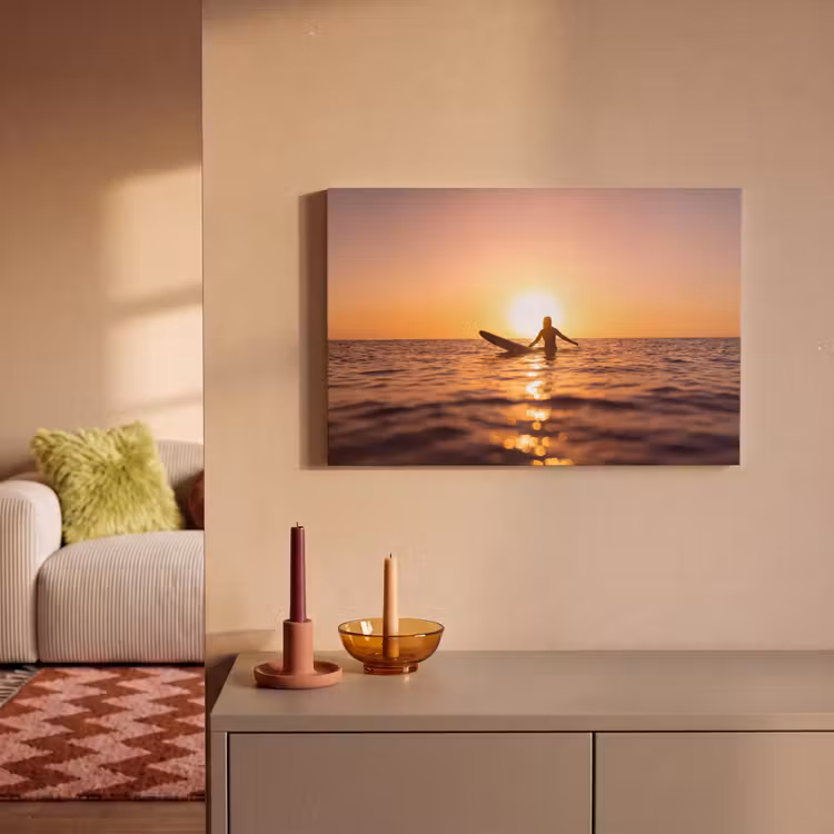 Canvas schilderij - Persoon - Surfen - Zonsondergang - Zee - Oranje — 1