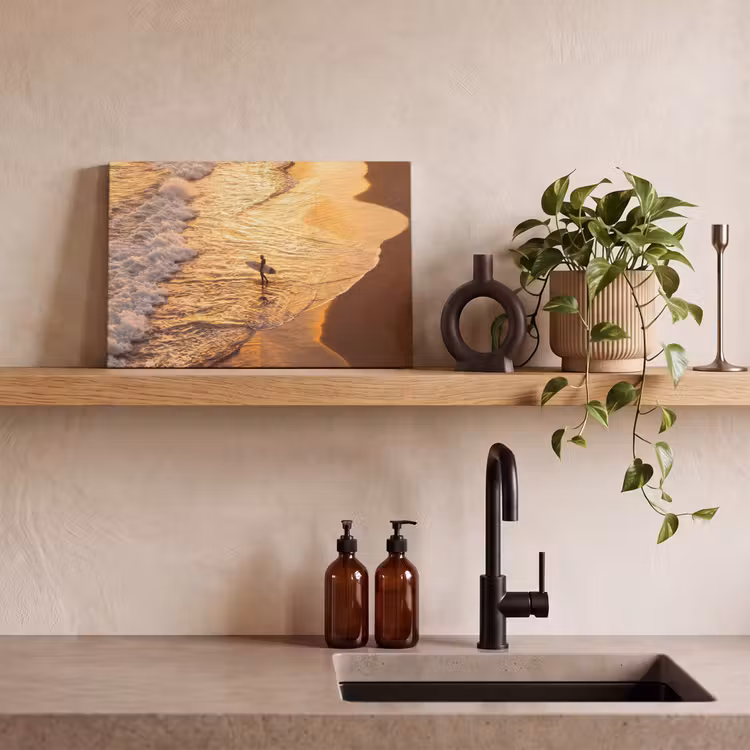 Canvas schilderij - Surfer - Strand - Zonsondergang - Oceaan - Goud — 2
