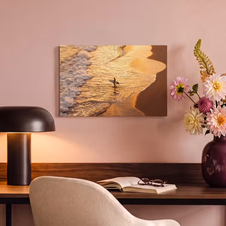 Canvas schilderij - Surfer - Strand - Zonsondergang - Oceaan - Goud — 3