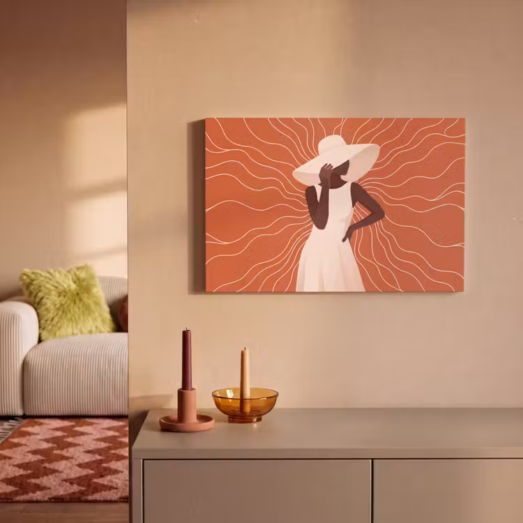 Canvas schilderij - Vrouw - Hoed - Portret - Modern - Beige — 1