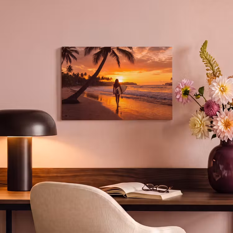 Canvas schilderij - Vrouw - Surfplank - Strand - Zonsondergang - Oranje — 3