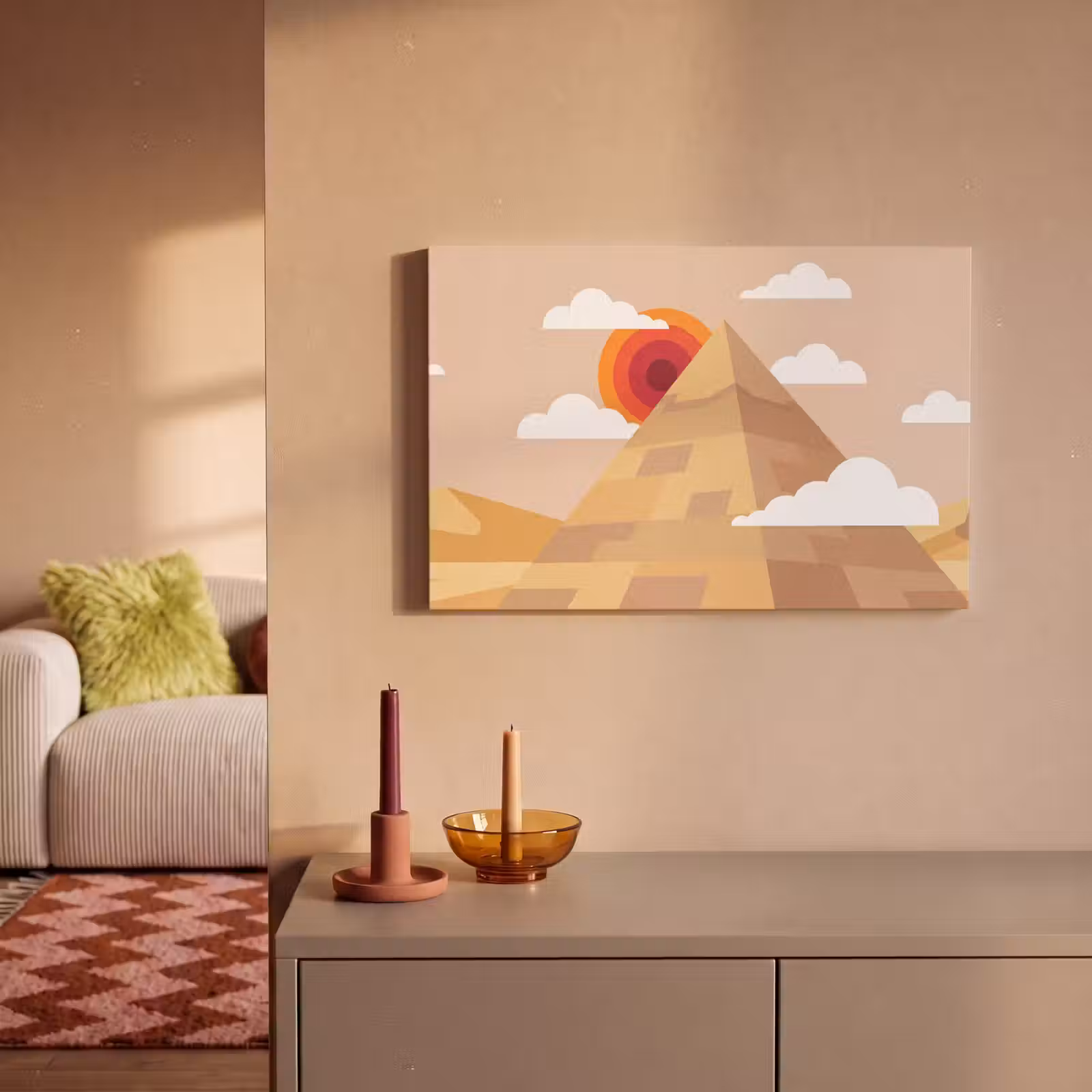 Canvas schilderij - Piramide - Zon - Woestijn - Modern - Oranje — 1