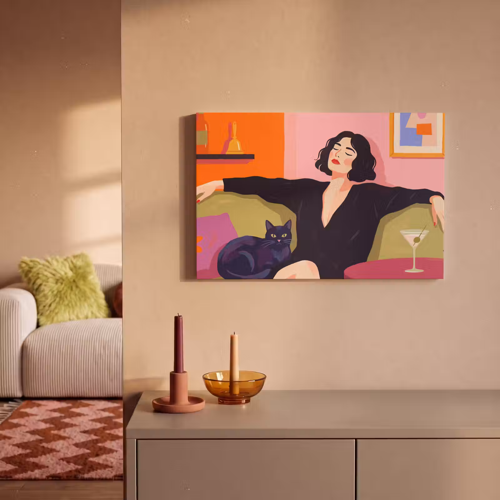 Canvas schilderij - Vrouw - Kat - Interieur - Modern - Kleurrijk — 1