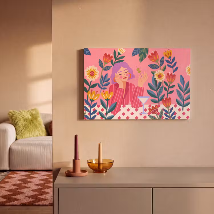 Canvas schilderij - Vrouw - Cocktail - Bloemen - Modern - Roze — 1