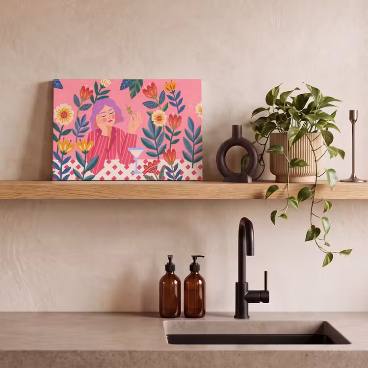 Canvas schilderij - Vrouw - Cocktail - Bloemen - Modern - Roze — 2