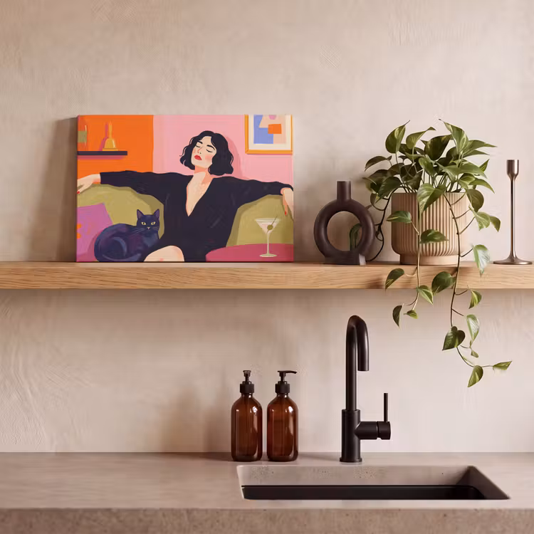 Canvas schilderij - Vrouw - Kat - Interieur - Modern - Kleurrijk — 2