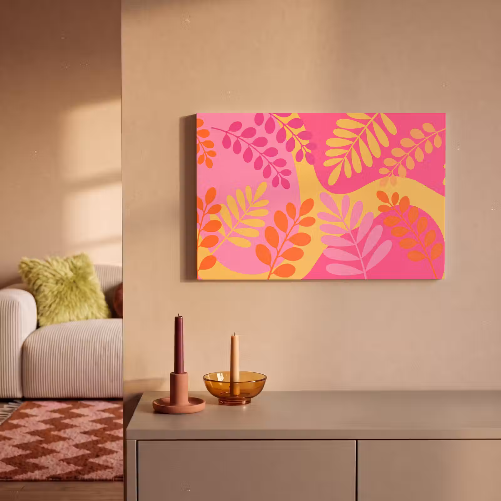Canvas schilderij - Natuur - Bladeren - Abstract - Roze - Geel — 1